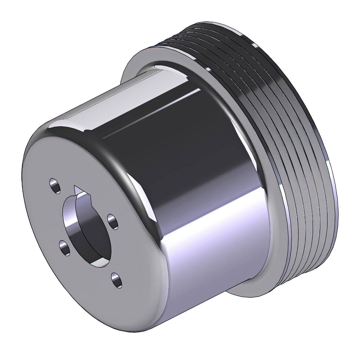 CAD rendering of the 110mm six-rib crank pulley for 1990–1991 Miata, front three-quarter view showing the center bore and belt grooves