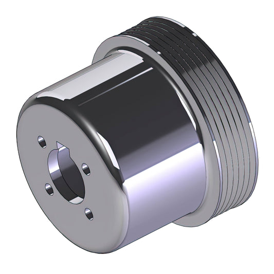 CAD rendering of the 110mm six-rib crank pulley for 1990–1991 Miata, front three-quarter view showing the center bore and belt grooves