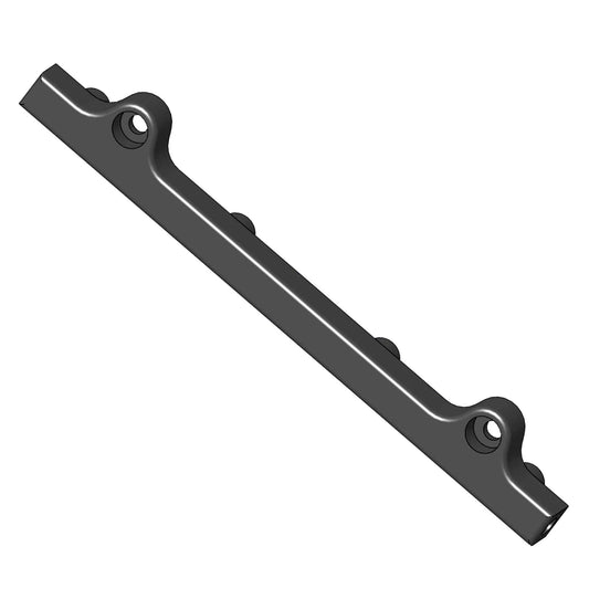 Black high-flow aluminum fuel rail for 1990–1993 Miata, angled view showing the injector openings and mounting tabs