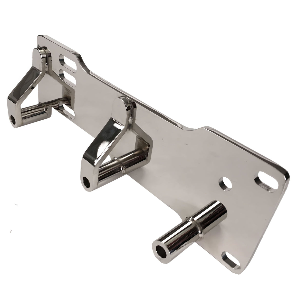 Hotside MP62 supercharger exhaust mounting bracket for 1994–2005 Miata, rear three-quarter view showing welded supports and posts