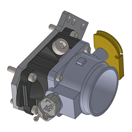 CAD rendering of the 75mm big-throttle-body conversion assembled on a BRP or Moss hotside supercharger inlet