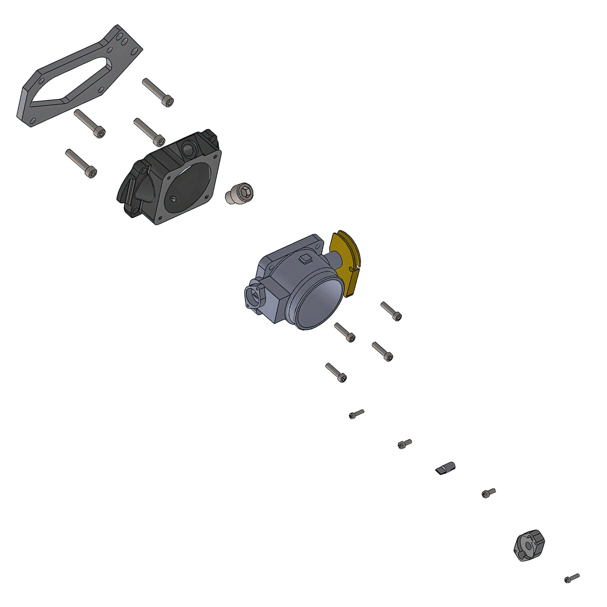 Exploded CAD rendering of the 75mm big-throttle-body conversion kit showing the adapter, throttle body, brackets, and hardware