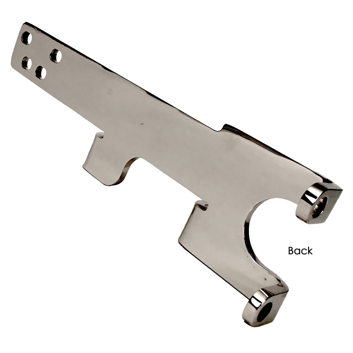 BRP or Moss hotside MP62 Miata supercharger mounting bracket, back side showing the mounting holes and bent tabs