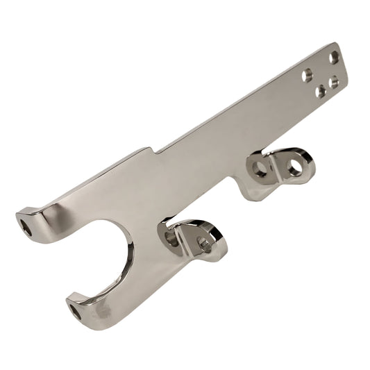 BRP or Moss hotside MP62 Miata supercharger mounting bracket, front side showing the forked opening and formed mounting tabs