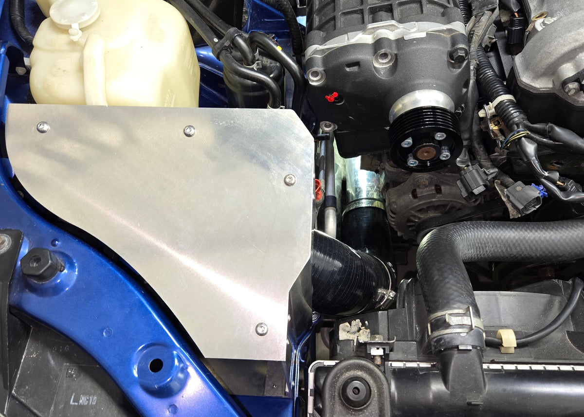 Coldside cold-air intake with the aluminum enclosure cover installed beside the supercharger inlet hose