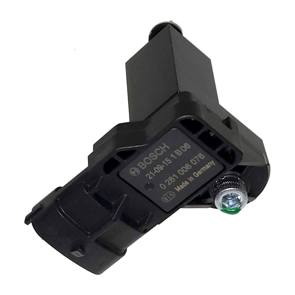 FFS MAP sensor adapter assembly, Bosch label side showing the sensor, black adapter block, and green fastener