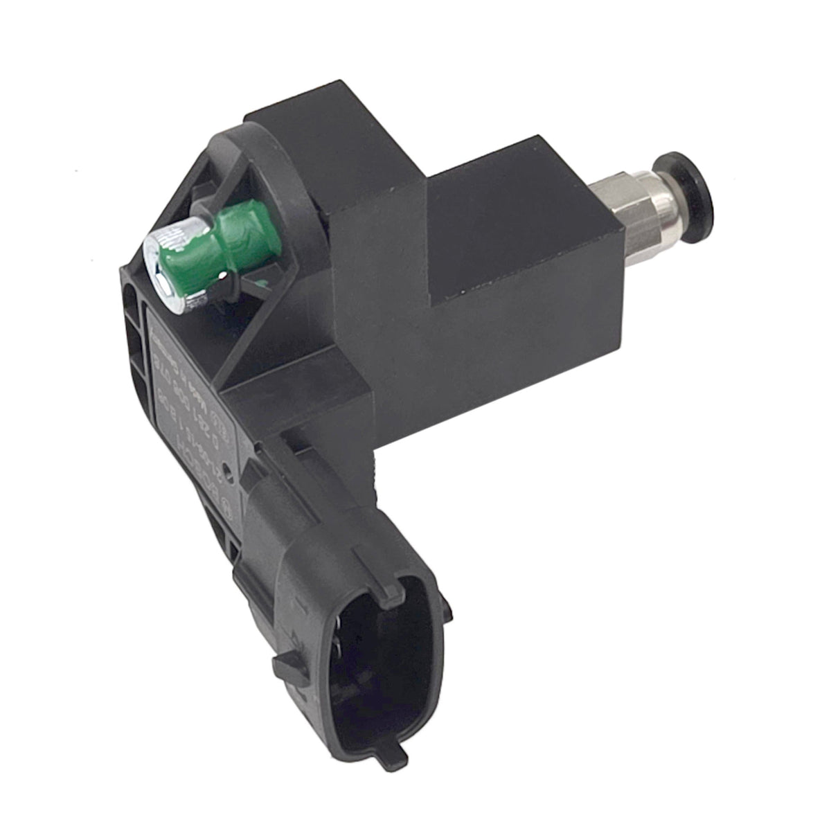 FFS MAP sensor adapter assembly from the opposite side showing the green fastener, connector, and hose fitting