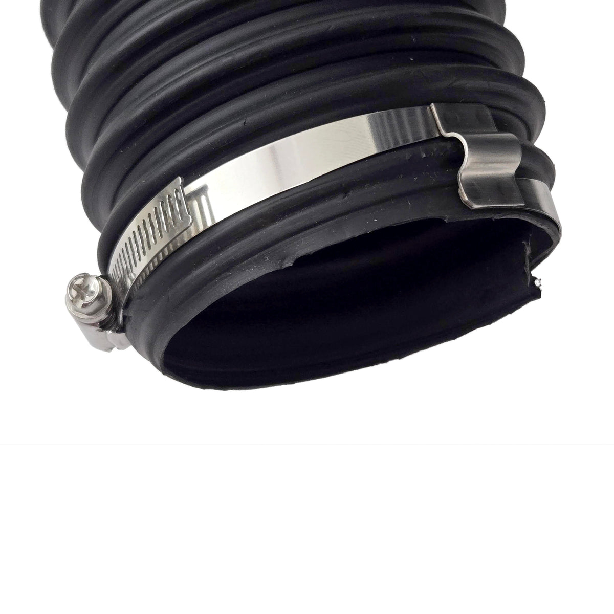 Two hose clamps installed together on the end of a black flexible intake hose, angled close-up