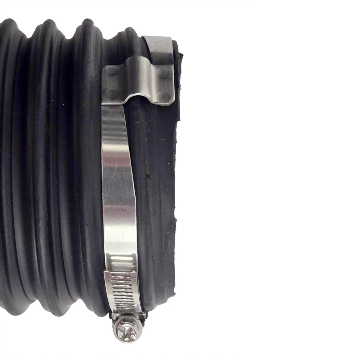Side view of two hose clamps installed together around a black flexible intake hose