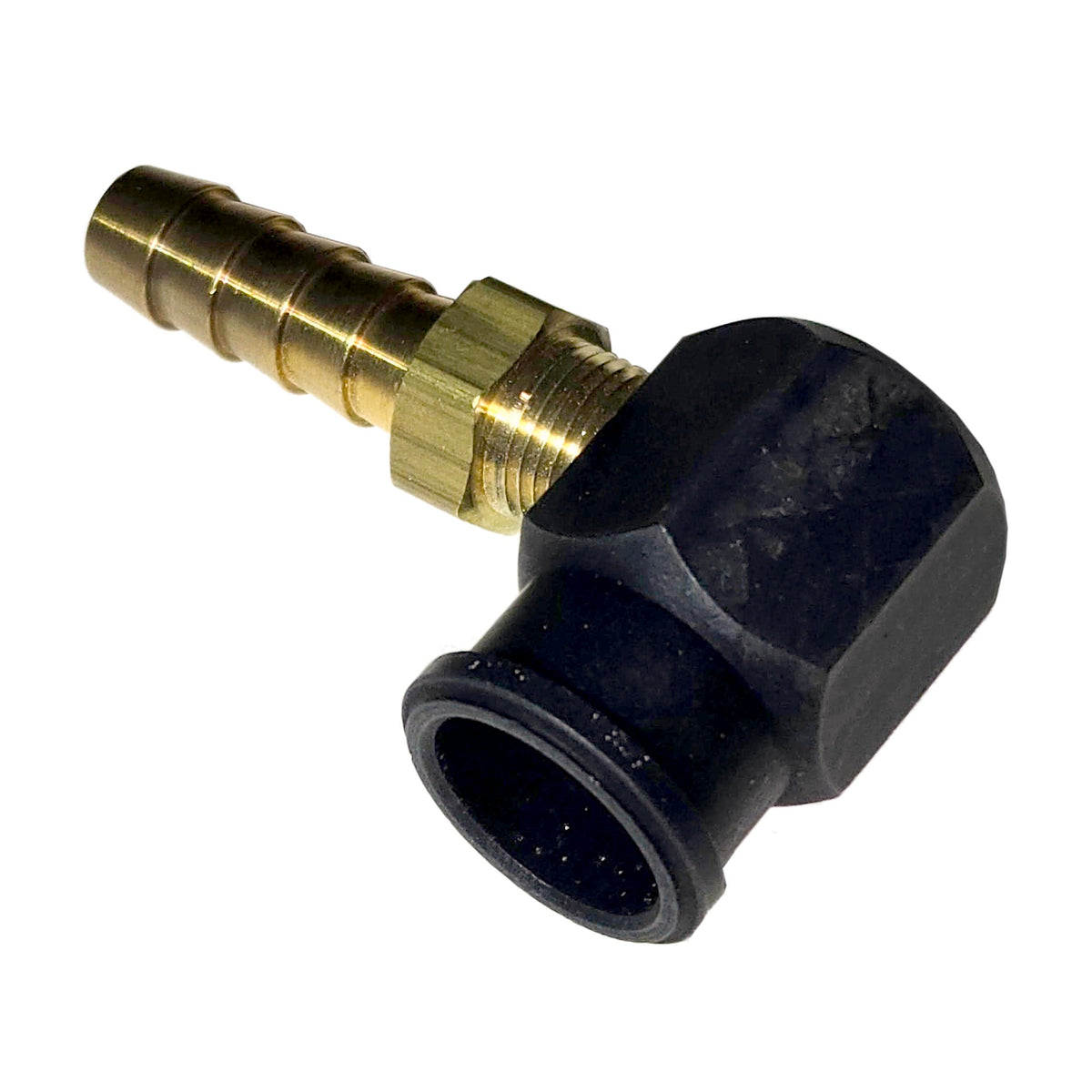 Assembled fitting adapter for the legacy threaded E-Cool injector, showing the brass hose barb and black adapter body