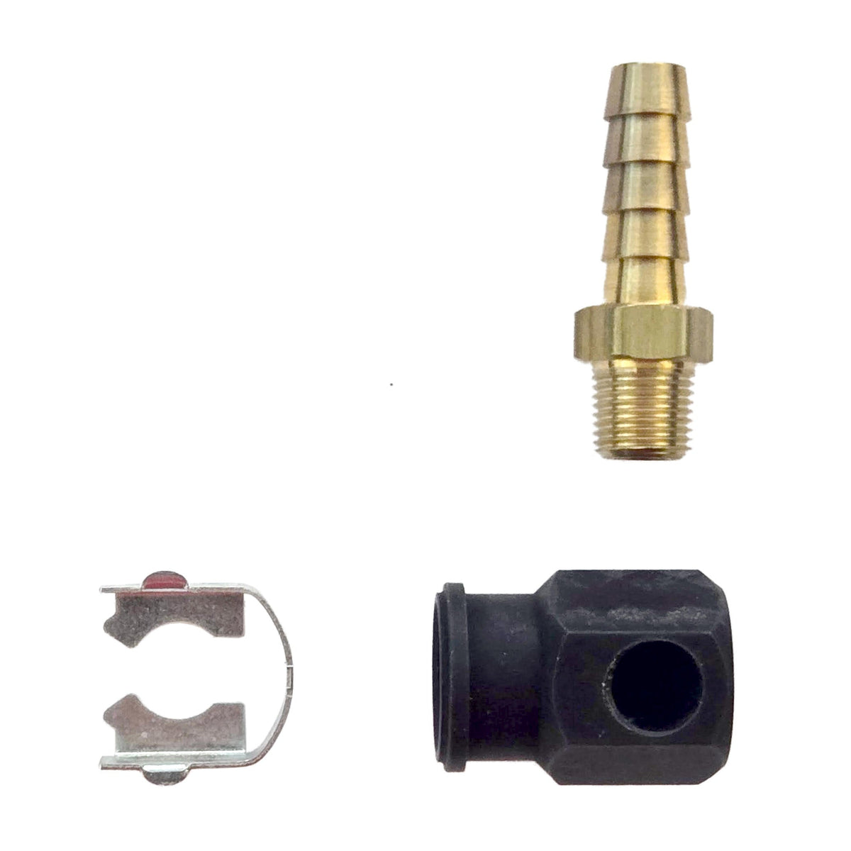 Fitting adapter components for the legacy threaded E-Cool injector: brass hose barb, black adapter body, and metal retaining clip
