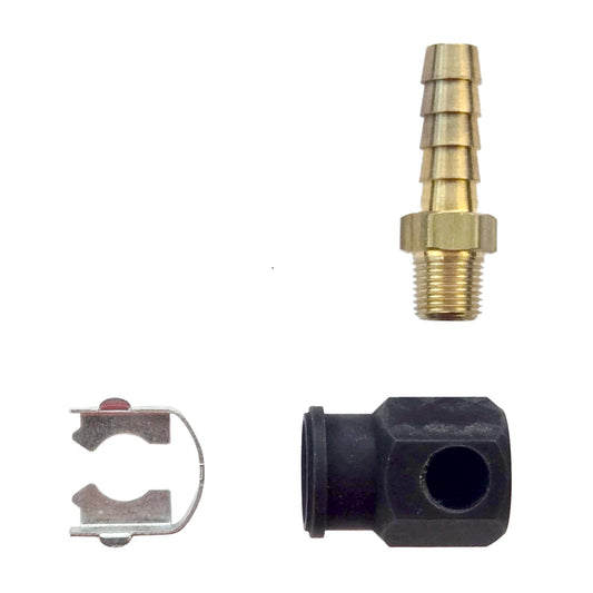 Fitting adapter components for the legacy threaded E-Cool injector: brass hose barb, black adapter body, and metal retaining clip