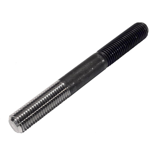 M10 × 1.25 × 90mm stud for the BRP or Moss hotside Miata supercharger kit, angled view showing its silver and black threaded ends