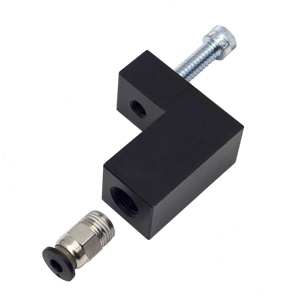 MAP sensor adapter upgrade kit with the black L-shaped block, push-to-connect fitting, and mounting bolt separated