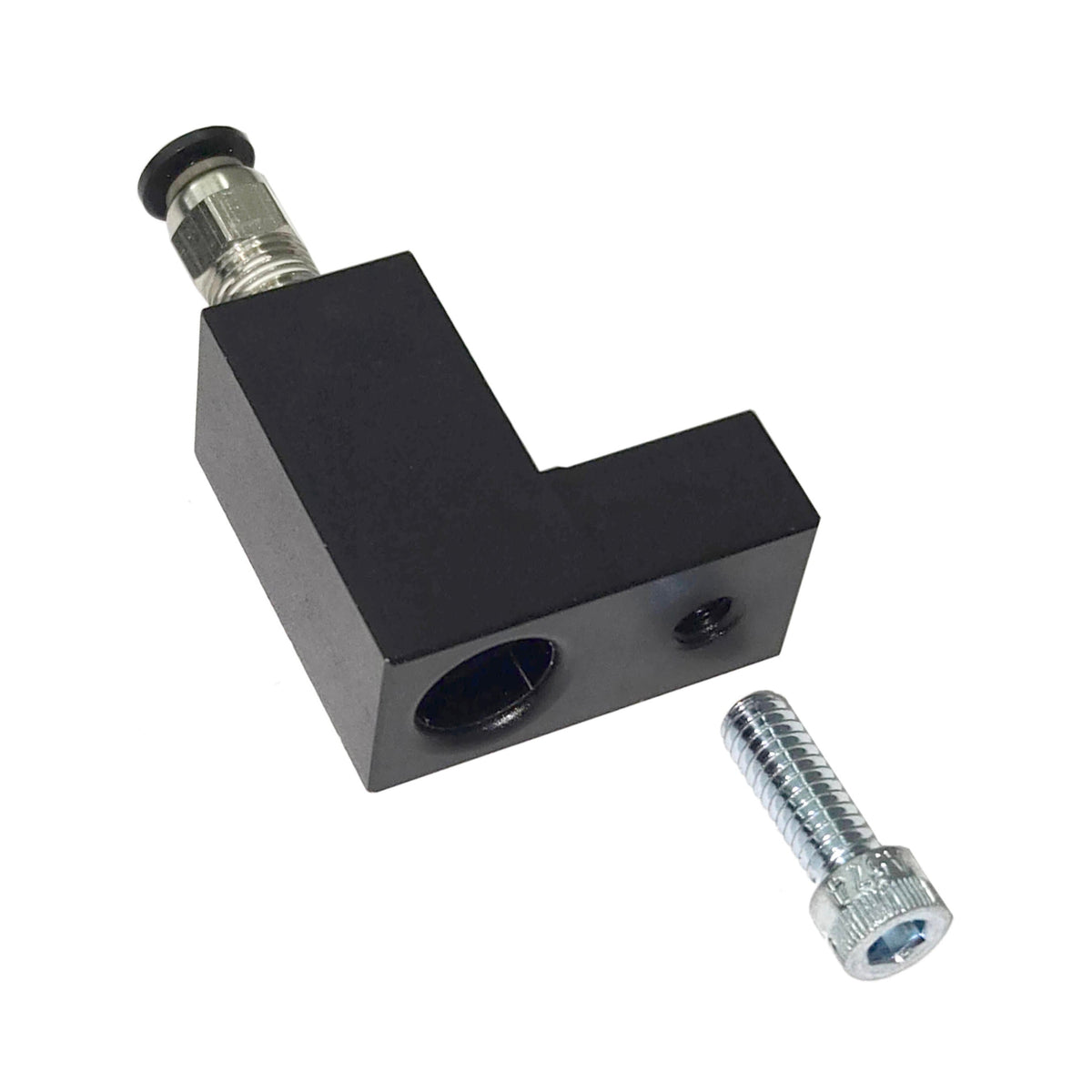 MAP sensor adapter upgrade kit from the opposite angle with the fitting and mounting bolt positioned beside the ports