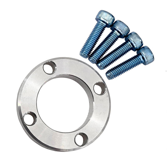 TVS900 pulley spacer kit for the 1.6-liter Miata with the aluminum spacer and four socket-head bolts separated