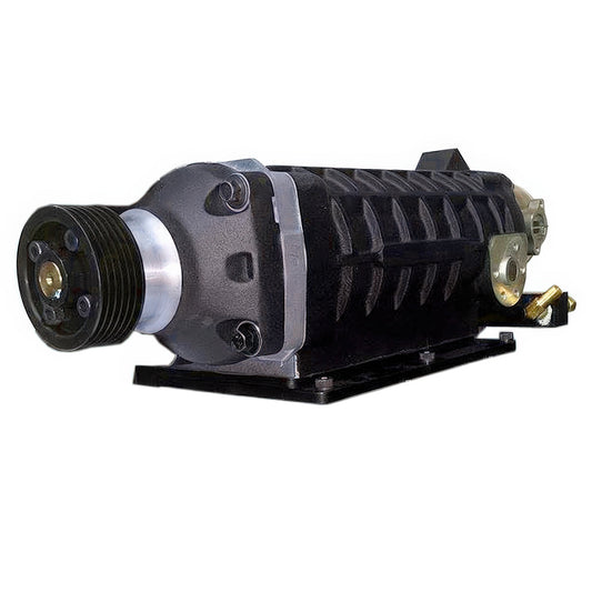 TVS900 supercharger used in the FFS upgrade kit, front three-quarter view showing the inlet housing, pulley, mounting base, and bypass linkage