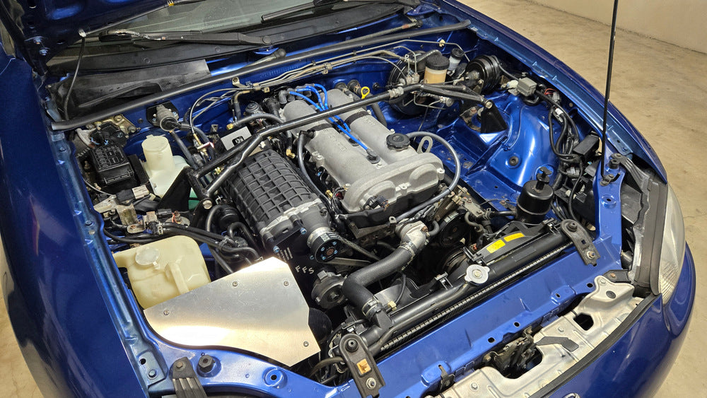 Finished FFS TVS900 supercharger installation in a Miata engine bay