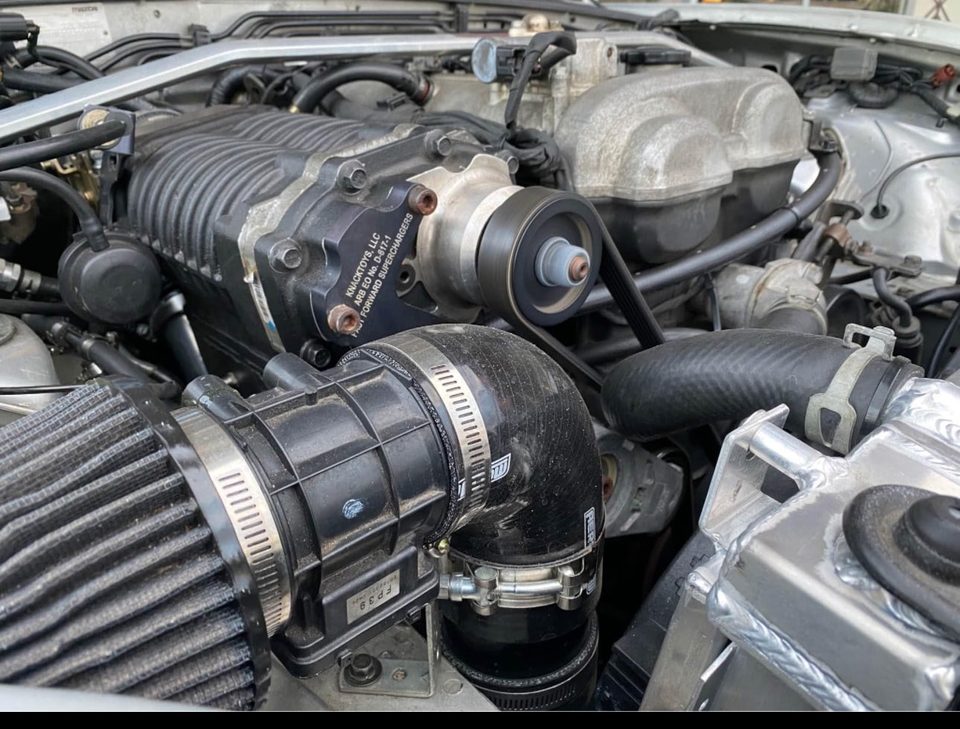 Close view of the FFS supercharger in Taj's silver Miata